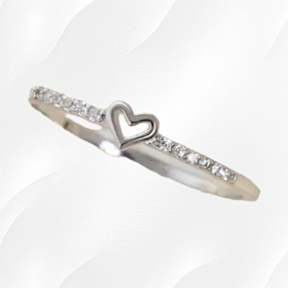 Silver Heart Cubic Zirconia Coquette Hollow Design Fashion Jewelry Ring Size 8